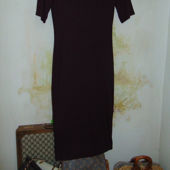 Forever 21 Burgundy Black Striped Knit Sweater Medium Fitted Dress Short Sleeve - Picture 9 of 12